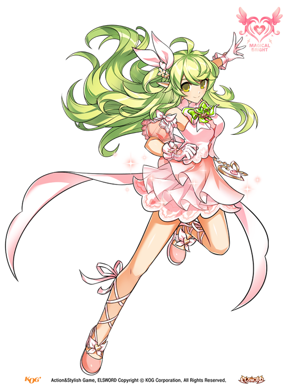 1girl ahoge arm_up back_bow bare_shoulders bow bowtie breasts clenched_hand closed_mouth collared_shirt company_name copyright_name copyright_notice detached_sleeves dot_nose dress dress_under_shirt elf elsword floating_hair flower footwear_bow frilled_dress frilled_gloves frills full_body game_cg gloves green_bow green_bowtie green_eyes green_hair hair_bow hair_flower hair_ornament halter_shirt halterneck happy heart high_collar hwansang large_breasts layered_sleeves leg_ribbon leg_up light_blush logo long_hair looking_at_viewer magical_girl official_alternate_costume official_art pink_bow pink_dress pink_flower pink_shoes pink_sleeves pointy_ears puffy_short_sleeves puffy_sleeves rena_erindel ribbon second-party_source shirt shoes short_dress short_sleeves sleeve_bow smile solo standing swept_bangs tachi-e tareme transparent_background very_long_hair white_bow white_gloves white_ribbon white_shirt white_sleeves