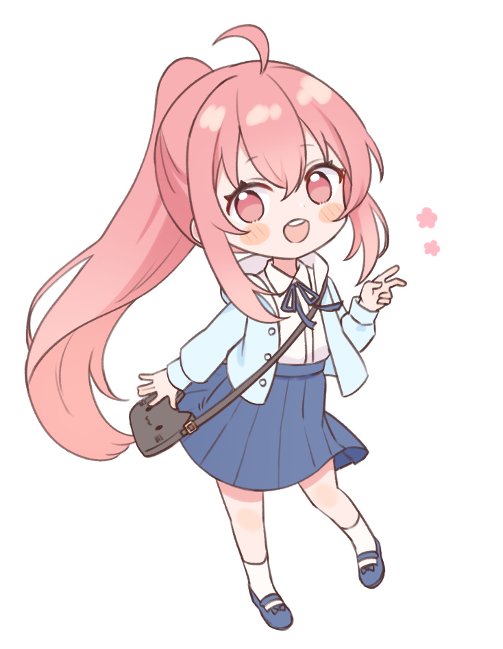 1girl ahoge bag black_bag blue_jacket blue_ribbon blue_shoes blue_skirt blush_stickers chibi chibi_only full_body furutori jacket long_hair long_sleeves looking_at_viewer mary_janes neck_ribbon open_clothes open_jacket open_mouth original pink_eyes pink_hair ponytail ribbon shirt shoes shoulder_bag sidelocks simple_background skirt smile socks solo teeth upper_teeth_only v very_long_hair white_background white_shirt white_socks