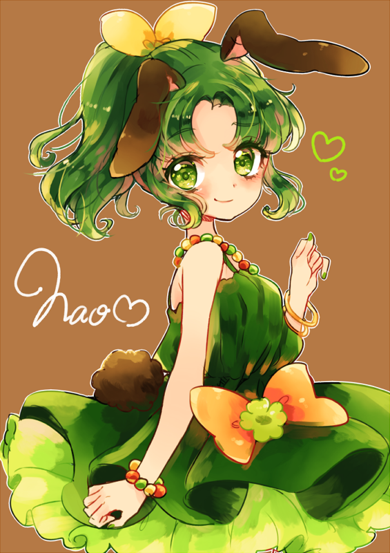 10s 1girl animal_ears bow bracelet brown_background brown_skirt character_name cowboy_shot female_focus green_eyes green_hair green_nails hair_bow heart high_ponytail jewelry kemonomimi_mode looking_at_viewer matching_hair/eyes midorikawa_nao nail_polish orange_bow ponytail precure rabbit_ears rabbit_tail short_hair skirt smile smile_precure! solo tail uzuki_aki yellow_bow