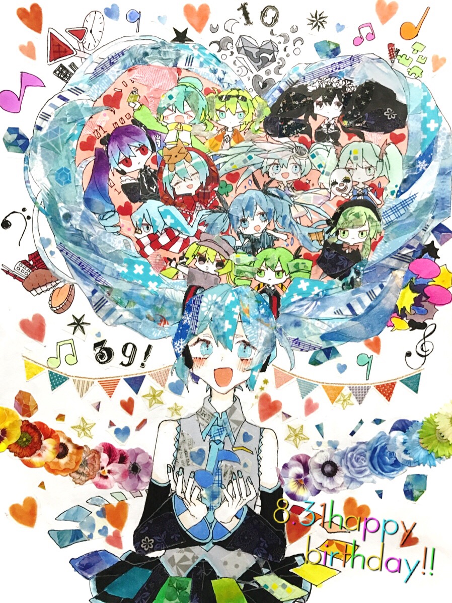 39 6+girls :d aqua_eyes aqua_hair aqua_nails aqua_necktie arifureta_sekai_seifuku_(vocaloid) bare_shoulders bass_clef beamed_eighth_notes black_skirt black_sleeves blush bubbles_(shallows_o0) bunting cat_food_(vocaloid) chibi collared_shirt commentary_request detached_sleeves eighth_note eighth_rest floating_hair flower grey_shirt hair_floating_upwards hair_ribbon hands_up happy happy_birthday hatsune_miku hatsune_miku_(infinity) heart heart-shaped_hair himitsu_keisatsu_(vocaloid) holding kagerou_days_(vocaloid) karakuri_pierrot_(vocaloid) long_hair looking_at_viewer masking_tape_(medium) melt_(vocaloid) mixed_media multiple_girls musical_note musical_staff necktie nisoku_hokou_(vocaloid) open_mouth puzzle_(vocaloid) quarter_note rainbow_order ren&#039;ai_saiban_(vocaloid) ribbon rolling_girl_(vocaloid) senbonzakura_(vocaloid) shinkai_shoujo_(vocaloid) shirt sidelocks skirt sleeveless sleeveless_shirt smile song_request spica_(vocaloid) star_(symbol) suna_no_wakusei_(vocaloid) tell_your_world_(vocaloid) traditional_media treble_clef twintails unconventional_media unknown_mother_goose_(vocaloid) upper_body ura-omote_lovers_(vocaloid) very_long_hair vocaloid white_background
