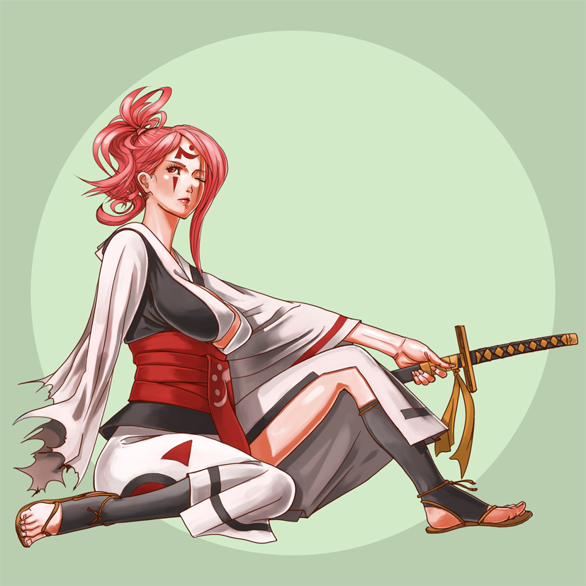 1girl amputee arc_system_works baiken breasts cleavage facepaint feet female_focus guilty_gear hyperman_ys japanese_clothes katana large_breasts law lips lipstick long_hair makeup obi one-eyed one_eye_closed pink_eyes pink_hair red_eyes sandals sash scar scar_across_eye scar_on_face sheath sheathed simple_background sitting solo sword tattoo toeless_legwear weapon wink