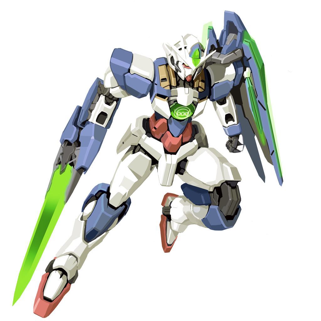00_qan[t] arm_blade commentary english_commentary full_body gundam gundam_00 gundam_00_a_wakening_of_the_trailblazer holding holding_sword holding_weapon mecha mobile_suit no_humans pump_(pumpqmuq) redesign robot shield solo sword v-fin weapon white_background yellow_eyes