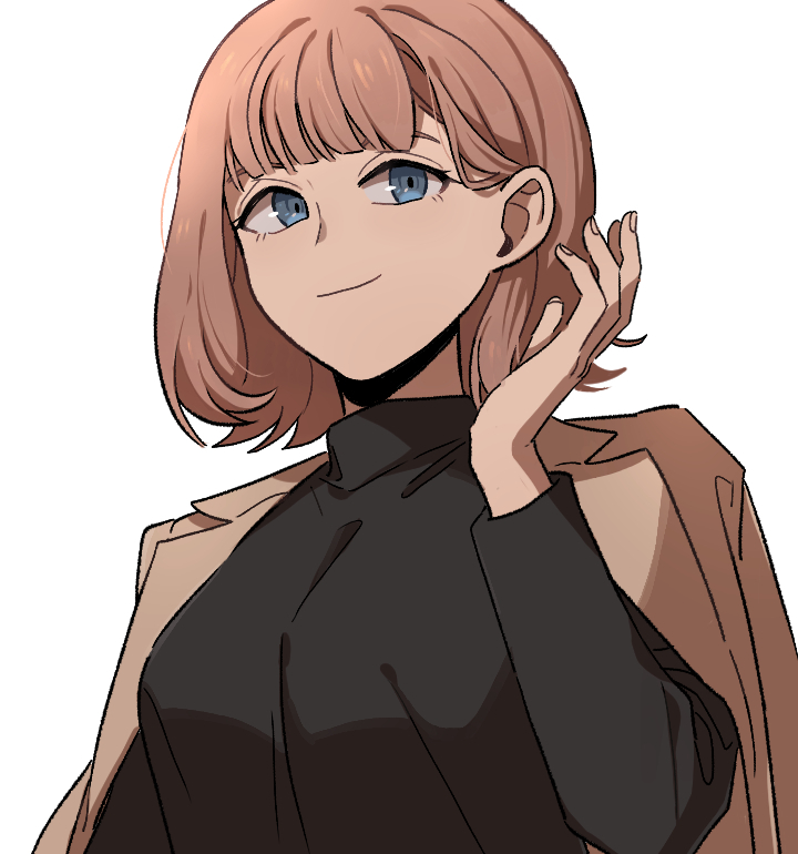1girl blue_eyes bob_cut breasts brown_hair coat coat_on_shoulders commentary fujimaru_nono hair_behind_ear hand_up long_sleeves looking_at_viewer nana_0253 shirt short_hair simple_background smile solo turtleneck upper_body white_background world_trigger