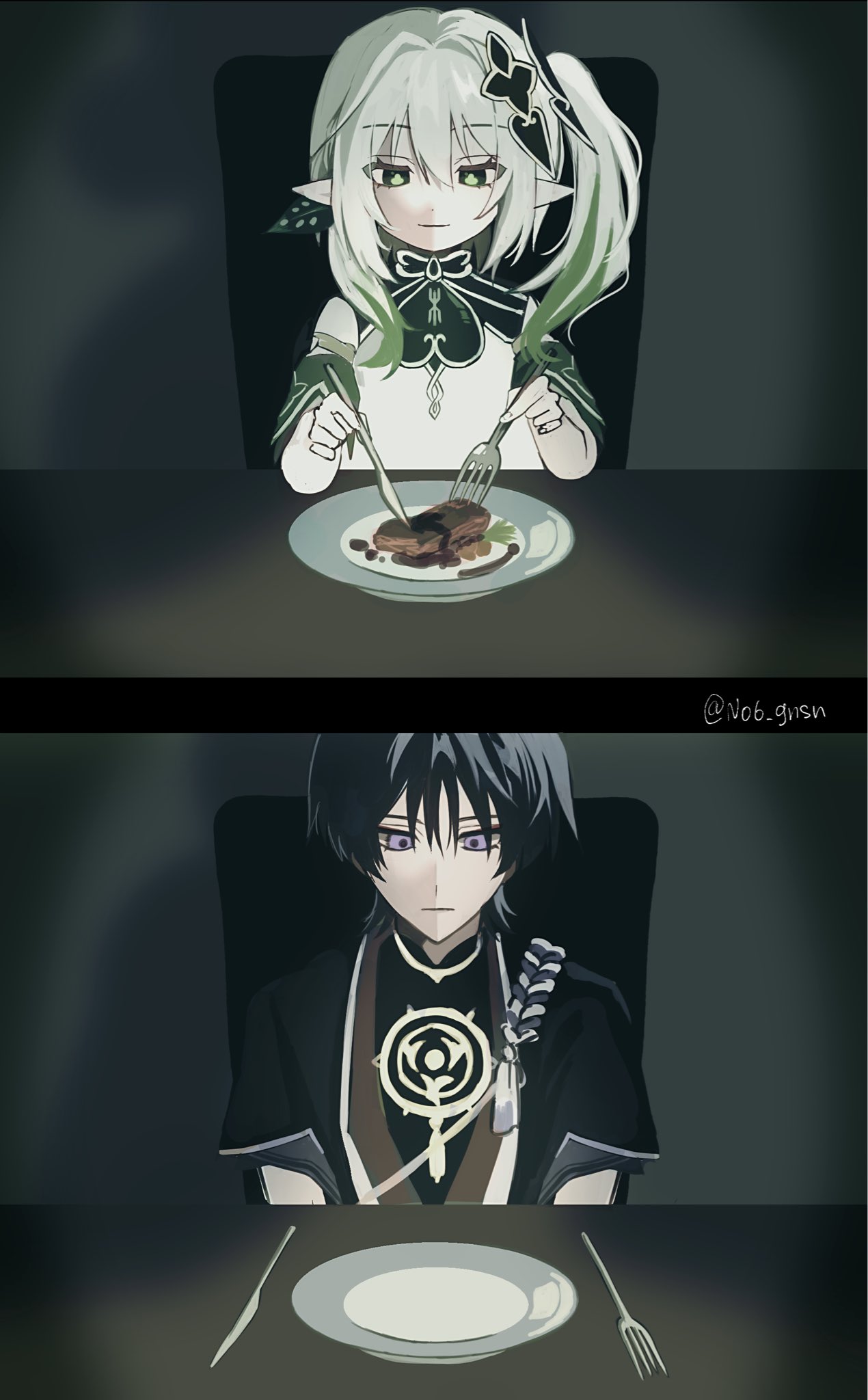1boy 1girl armlet arms_at_sides asymmetrical_sidelocks black_bodysuit black_hair black_kimono black_sleeves blunt_ends bodysuit chair closed_mouth colored_tips cross-shaped_pupils detached_sleeves dress elbow_rest expressionless eyelashes fingernails food fork genshin_impact gold green_eyes green_hair green_pupils green_sleeves hair_between_eyes hair_ornament heart heart_hair_ornament highres holding holding_fork holding_knife japanese_clothes jewelry juban kimono knife layered_sleeves leaf leaf_hair_ornament light_smile long_hair looking_down mandarin_collar meat mitsudomoe_(shape) multicolored_hair nahida_(genshin_impact) neck_ring no6_gnsn plate pointy_ears purple_eyes purple_rope purple_sleeves red_kimono rope scaramouche_(genshin_impact) shimenawa short_sleeves side_ponytail sidelocks sitting split_screen symbol-shaped_pupils table table_knife tomoe_(symbol) tsurime twitter_username white_dress white_hair white_kimono white_rope white_trim wispy_bangs