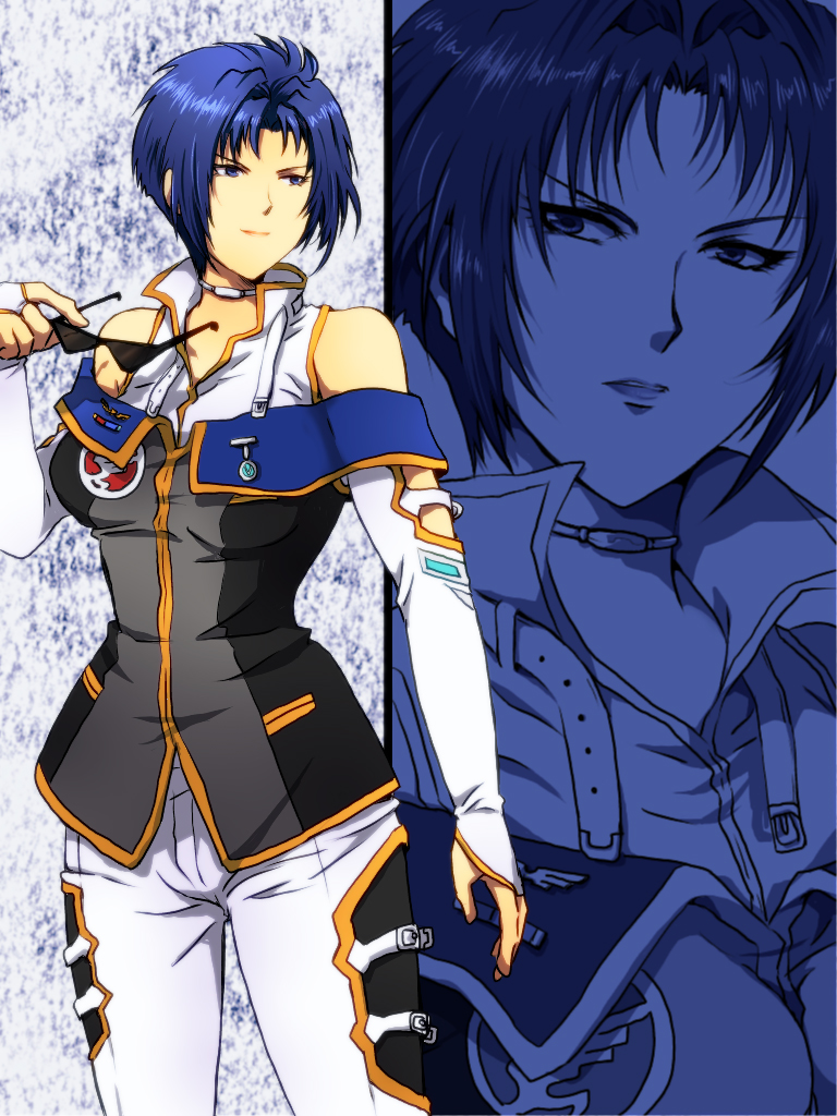 1girl bare_shoulders blue_eyes blue_hair breasts bridal_gauntlets choker collar female_focus holding holding_removed_eyewear large_breasts matching_hair/eyes pants shiina_satsuki_(pixiv2890507) short_hair smile solo sunglasses super_robot_wars super_robot_wars_original_generation unworn_eyewear viletta_badam