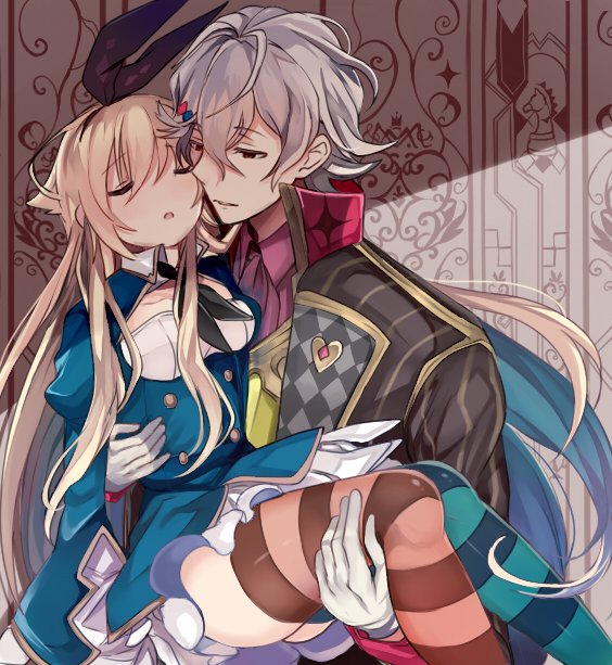 1boy 1girl alice_(grimms_notes) alice_(original)_(grimms_notes) carrying carrying_person grimms_notes lewis_carroll_(grimms_notes) lewis_carroll_(original)_(grimms_notes) retsuto source_request thighhighs thighs unfinished upper_body