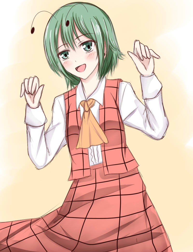 1girl antennae ascot bad_id bad_pixiv_id cosplay female_focus green_eyes green_hair kazami_yuuka kazami_yuuka_(cosplay) long_sleeves matching_hair/eyes open_clothes open_mouth open_vest shirt skirt skirt_set smile solo touhou vest wendell wriggle_nightbug