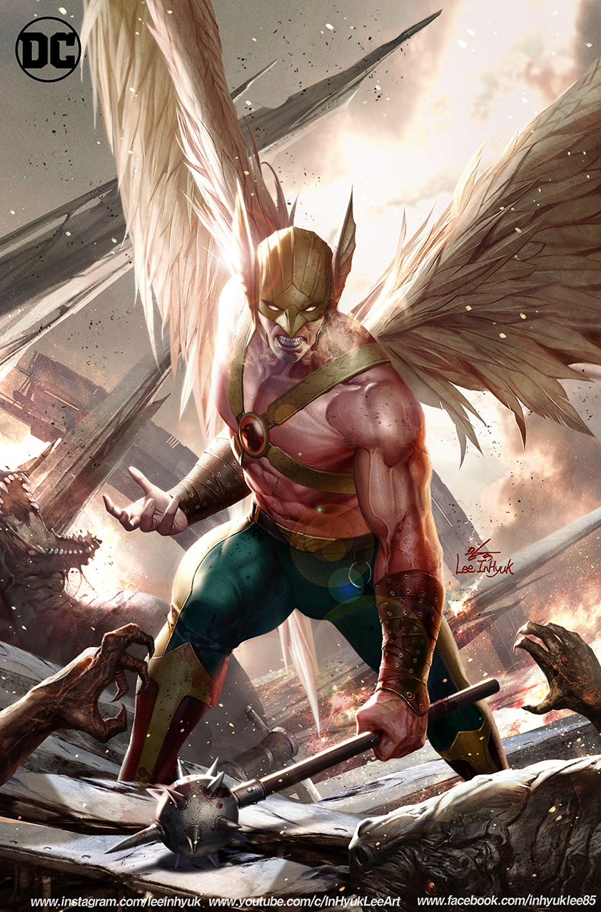 1boy armor claws clenched_teeth dc_comics dragon feathered_wings greaves green_pants hawkman helmet highres holding holding_mace holding_weapon in-hyuk_lee mace muscular muscular_male pants rubble sharp_teeth signature spiked_mace spikes standing teeth weapon winged_helmet wings