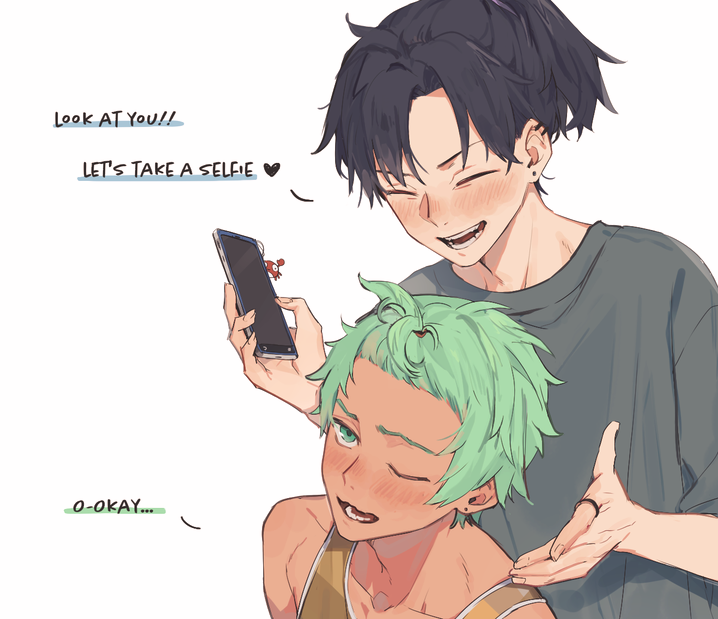 2boys bangs_pinned_back black_hair cellphone_charm charm_(object) closed_eyes cove_holden curtained_hair english_text flustered green_eyes green_hair grin holding holding_phone jewelry main_character_(our_life) multiple_boys one_eye_closed our_life:_beginnings_and_always outstretched_hand phone ring ryuuieu smile tank_top upper_body white_background