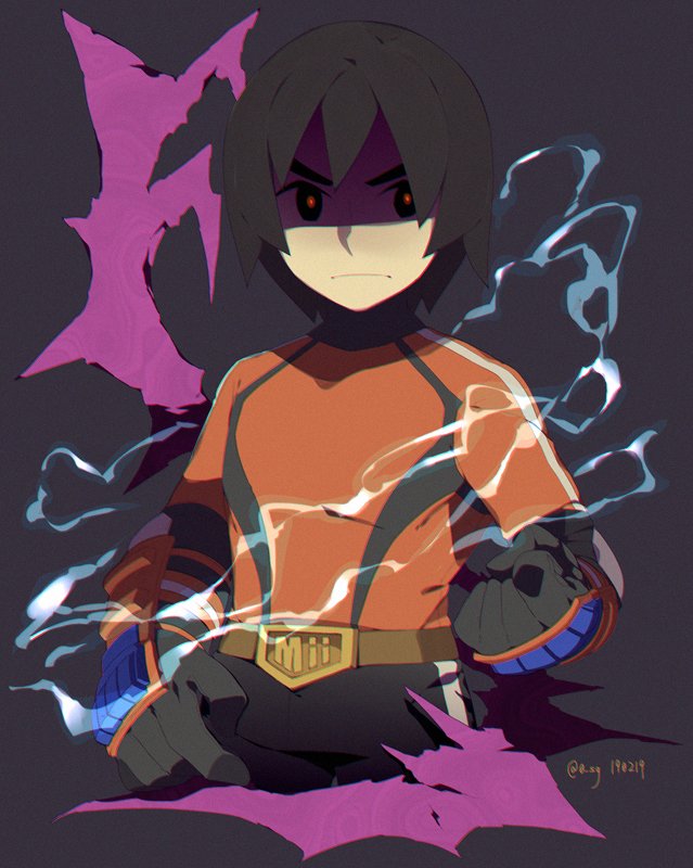1boy belt black_hair black_pants clenched_hand cropped_legs male_focus mii_(nintendo) nintendo pants red_pupils red_shirt sg_(suuchan) shaded_face shirt solo super_smash_bros.