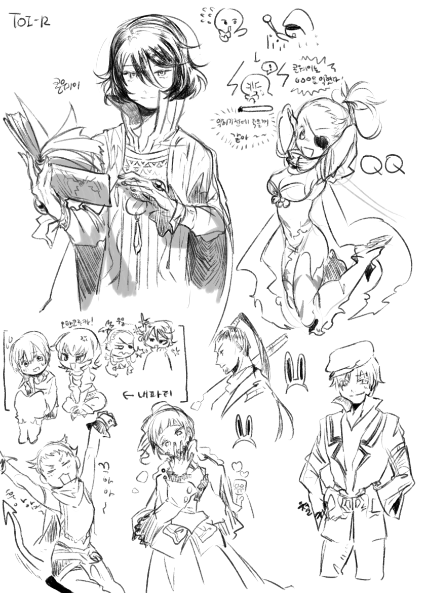 ange_serena anger_vein beard belt book boots breasts cleavage cloak coat dress eyepatch facial_hair hat hermana_larmo iria_animi kongwai_tao long_hair midriff monochrome open_mouth pants ponytail qq_selesneva ricardo_soldato ruca_milda scarf short_hair shorts spada_belforma tales_of_(series) tales_of_innocence