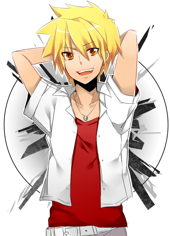 1boy arm_behind_head belt blonde_hair collarbone collared_shirt fang hand_on_own_head happy jewelry looking_at_viewer male_focus mi_(liki1020) misao necklace open_mouth orange_eyes outline shadow shirt short_hair short_sleeves simple_background smile solo spiked_hair teeth tohma_(misao) white_background white_outline