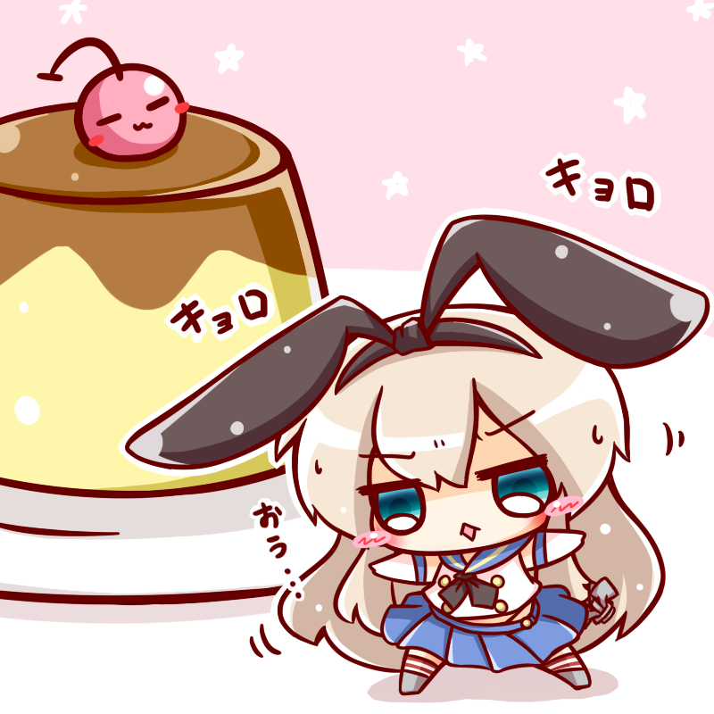10s 1girl :3 alternate_eye_color anchor_hair_ornament aqua_eyes cherry chibi food fruit hair_ornament hairband kantai_collection long_hair looking_at_viewer outstretched_arms patterned_legwear pleated_skirt pudding ritateo school_uniform serafuku shimakaze_(kancolle) silver_hair skirt solo_focus spread_arms striped_clothes striped_thighhighs sweat thighhighs translation_request two-tone_stripes