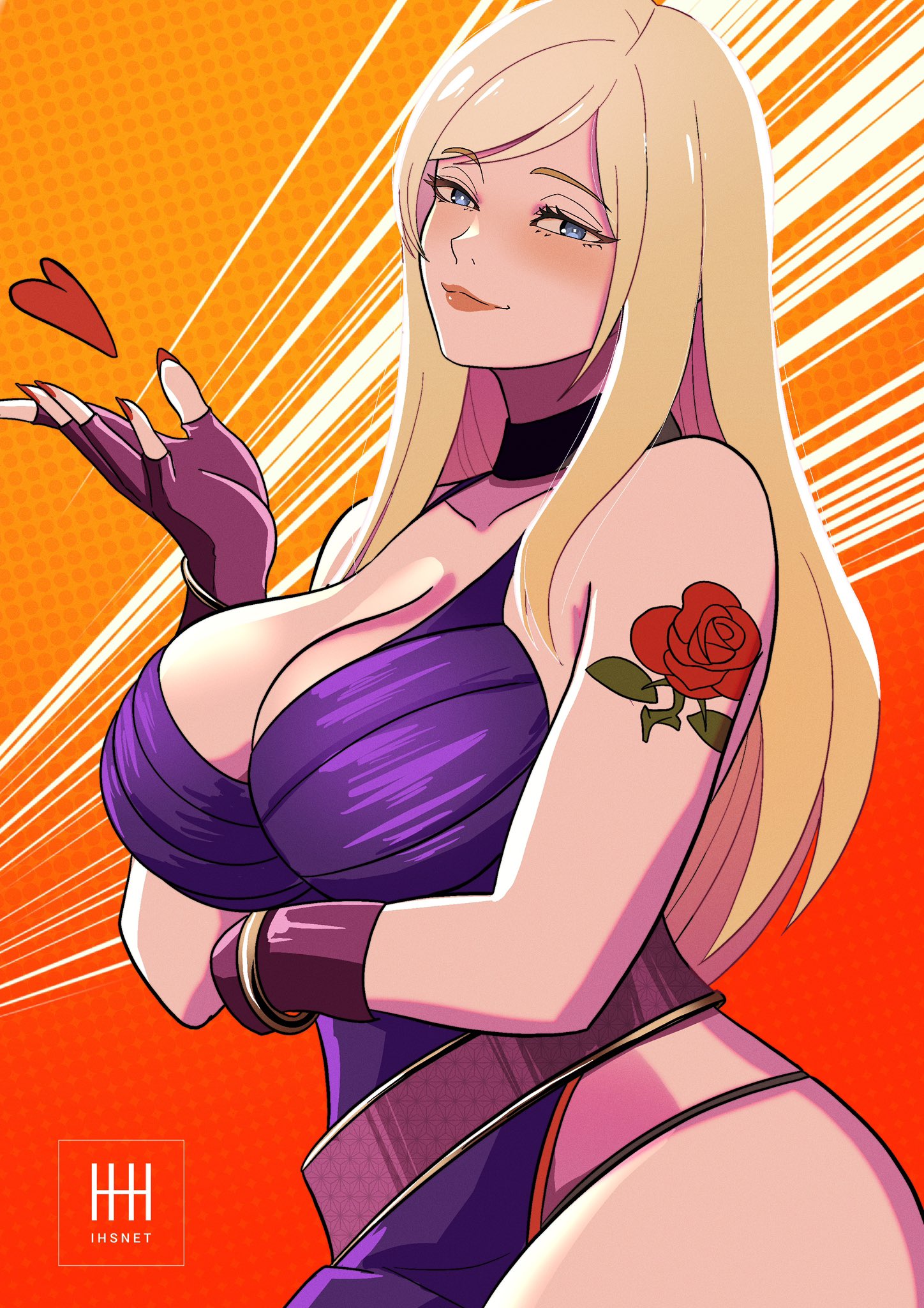 1girl arm_tattoo arm_under_breasts artist_name b._jenet bare_shoulders belt black_choker blonde_hair blowing_kiss blue_eyes blush bracelet breasts choker cleavage collarbone dress fatal_fury fatal_fury:_city_of_the_wolves female_focus fingerless_gloves gloves heart highres ihsnet jewelry large_breasts long_hair looking_at_viewer loose_belt nail_polish purple_dress purple_gloves seductive_gaze seductive_smile side_slit sidelocks sleeveless sleeveless_dress smile snk solo tattoo the_king_of_fighters