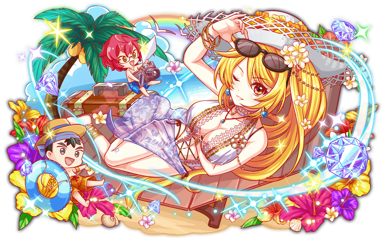 1girl 2boys :d adjusting_eyewear amulet animal_ears ankle_strap armlet artist_request bare_arms bare_legs bare_shoulders barefoot beach beach_chair beads black-framed_eyewear black_eyes black_hair blonde_eyebrows blonde_hair blue_headband blue_male_swimwear bracelet breasts brown_hat camera center_opening character_request chibi choker cleavage closed_mouth cloud coconut coconut_tree crash_fever cross-laced_clothes cross-laced_one-piece_swimsuit cross-laced_straps diamond_(gemstone) eyebrows eyewear_on_head floral_print_sarong flower flower_ornament full_body game_cg gold_bracelet golden_armlet hair_between_eyes hand_on_eyewear happy hat hat_flower headband hibiscus holding holding_camera holding_swim_ring hong_gildong innertube jeon_woochi jewelry knees_together_feet_apart large_breasts leaf leg_tattoo light_particles long_hair looking_ahead looking_at_another looking_at_viewer lying male_swimwear multiple_boys navel necklace o-ring o-ring_swimsuit ocean official_art on_chair on_side one-piece_swimsuit one_eye_closed open_mouth orange_male_swimwear outline palm_leaf palm_tree pink_flower purple_flower rainbow red_eyes red_flower red_hair red_outline sand sarong saturated see-through_clothes see-through_sarong semi-rimless_eyewear short_hair smile sparkle square square_print strap suitcase sun_hat sunglasses swim_ring swimsuit tachi-e tattoo teeth thick_eyebrows transparent_background tree vacation very_long_hair water white_choker white_flower white_hat white_one-piece_swimsuit white_sarong yellow_flower