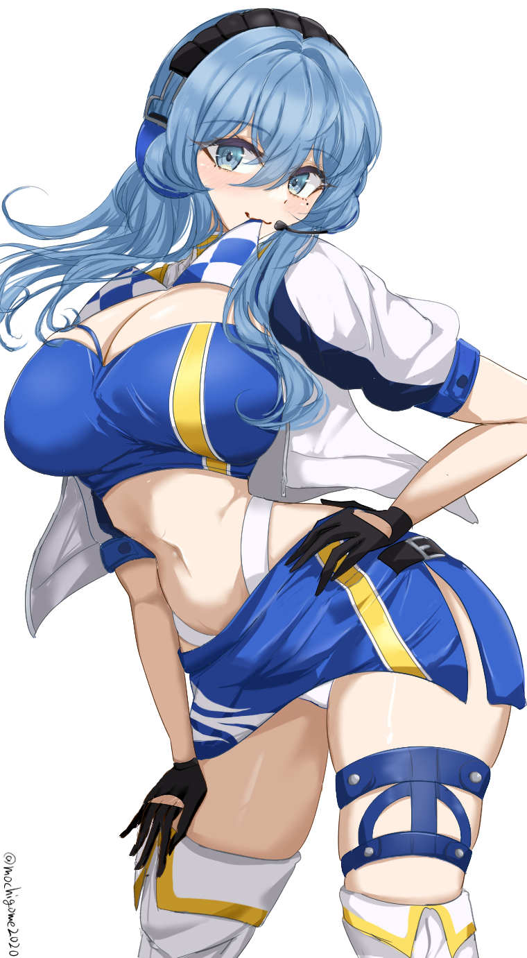 1girl bandeau black_gloves blue_bandeau blue_eyes blue_hair blue_skirt blue_tube_top boots breasts chamumi_(mochiumee) cowboy_shot crop_top cropped_jacket gloves gotland_(2020_race_queen)_(kancolle) gotland_(kancolle) half_gloves headphones highres kantai_collection large_breasts long_hair midriff mole mole_under_eye navel race_queen skirt solo stomach strapless thigh_boots tube_top