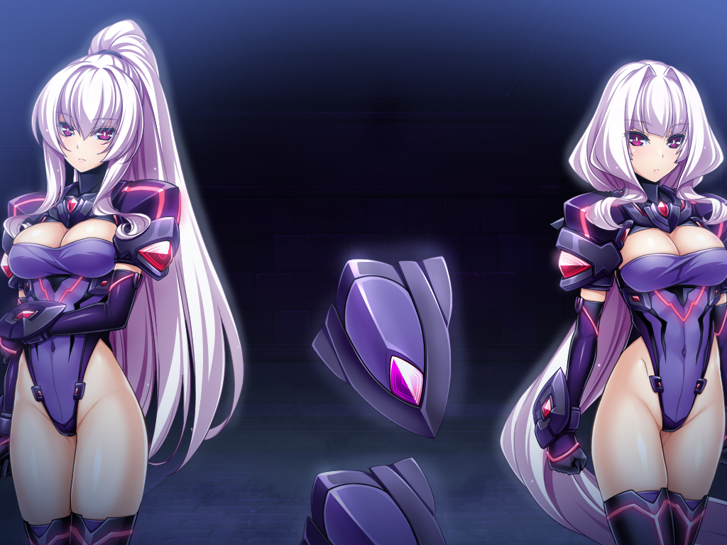 2girls armor azarin_(exs-tia) black_gloves braid breasts cleavage cleavage_cutout clenched_hand clothing_cutout corruption covered_navel cowboy_shot dark_persona dual_persona elbow_gloves expressionless exs-slave exs-slave_beta exs-slave_gamma faulds floating floating_object floating_weapon game_cg gauntlets gloves gorget groin hair_intakes high_ponytail highleg highleg_leotard holding_own_arm inoino kouyoku_senki_exs-tia large_breasts leotard long_hair looking_at_viewer multiple_girls multiple_views non-web_source official_art pauldrons ponytail purple_eyes purple_leotard rieszverne_suzette_paladill shoulder_armor sidelocks skin_tight standing thighhighs turtleneck vambraces variant_set very_long_hair white_hair