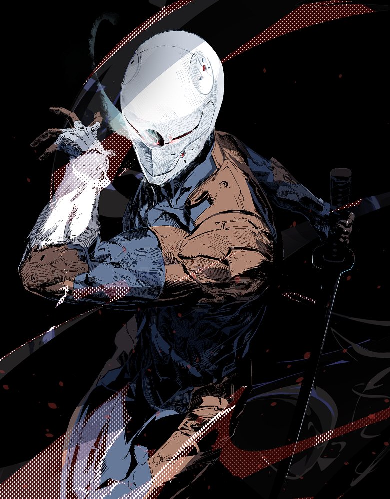 1boy armor cofffee cyborg cyborg_ninja fighting_stance glowing glowing_eye gray_fox helmet holding holding_sword holding_weapon metal_gear_(series) metal_gear_solid sword weapon