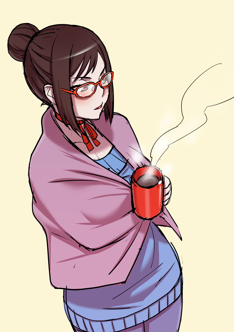 1girl brown_eyes brown_hair choker coffee coffee_mug commentary cup female_focus genka_kunahito glasses hair_bun highres kjech lipstick makeup mug shawl single_hair_bun solo steam sweater yandere_simulator