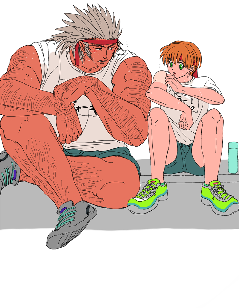 2boys arm_hair blonde_hair chest_hair couple facial_hair full_body green_eyes hair_slicked_back hairband hanba_guyokota hand_hair hunter_x_hunter leg_hair looking_at_another male_focus medium_hair multiple_boys muscular muscular_male mutton_chops notice_lines red_hairband shalnark shoes short_hair shorts simple_background sitting size_difference sleeves_rolled_up sneakers spiked_hair sweat tan tanline uvogin white_background yaoi