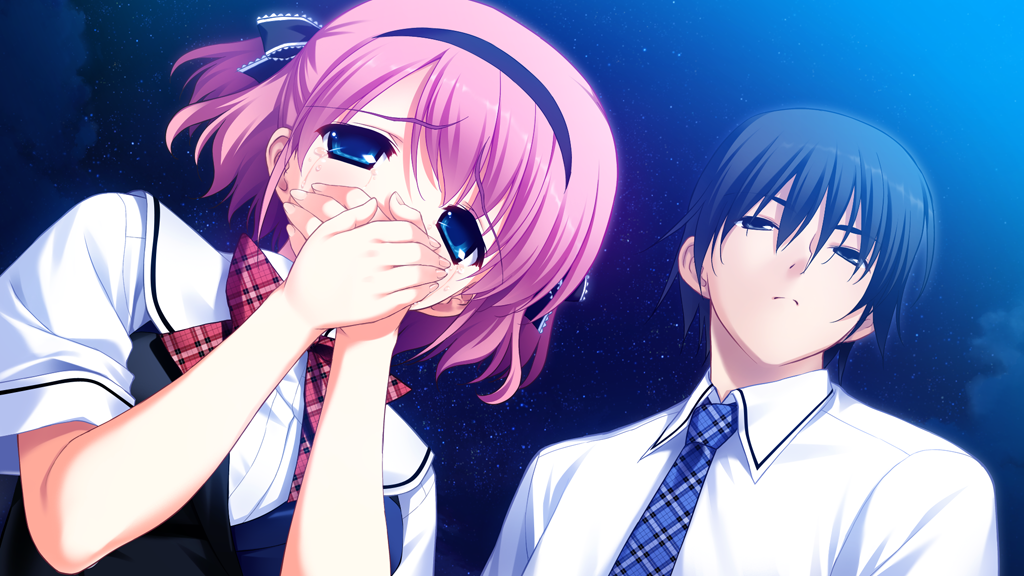 1boy 1girl black_bow black_dress black_hair black_hairband blue_dress blue_eyes blue_necktie bow bowtie breasts closed_mouth cloud collared_shirt covering_own_mouth crying crying_with_eyes_open dress frilled_bow frills frown fumio_(ura_fmo) game_cg grey_eyes grisaia_(series) grisaia_no_kajitsu hair_between_eyes hair_bow hairband half-closed_eyes kazami_yuuji komine_sachi medium_breasts necktie night night_sky non-web_source outdoors pink_hair plaid_bow plaid_bowtie plaid_clothes plaid_necktie red_bow red_bowtie sailor_collar shirt short_hair sky star_(sky) swept_bangs tears two-tone_dress two_side_up variant_set white_sailor_collar white_shirt