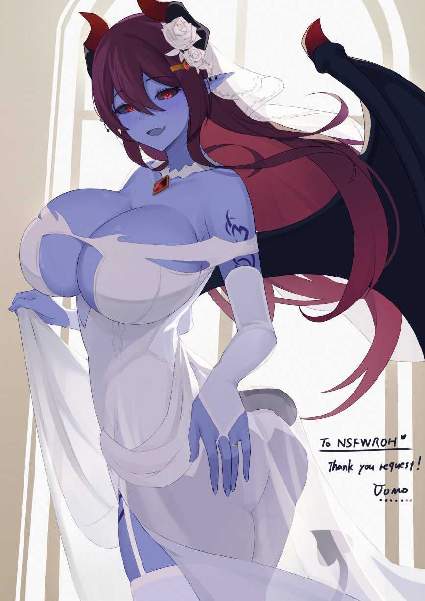 1girl :d arm_tattoo ass bare_shoulders bell_orgel black_sclera blue_skin blush breasts bridal_veil bride cleavage cleavage_cutout clothing_cutout colored_sclera colored_skin commentary_request demon_(monster_girl_encyclopedia) demon_girl demon_horns demon_tail demon_wings dress elbow_gloves english_text fang flower garter_straps gloves hair_between_eyes hair_flower hair_ornament hairclip highres horns huge_breasts long_hair looking_at_viewer monster_girl monster_girl_encyclopedia monster_girl_encyclopedia_ii open_mouth pointy_ears purple_hair red_eyes revealing_clothes see-through_clothes shoulder_tattoo sideboob_cutout skin_fang skirt_hold smile solo tail tattoo thank_you thighhighs twisted_torso underboob underboob_cutout veil wedding_dress white_dress white_garter_straps white_gloves white_thighhighs wings
