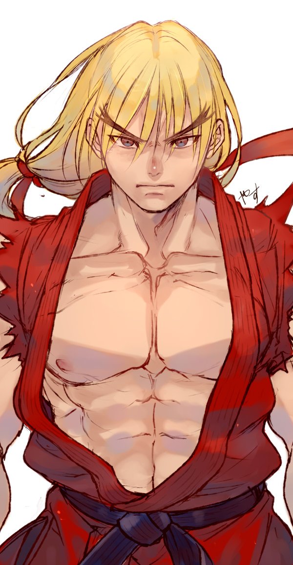 belt black_belt blonde_hair dougi fighting_stance hair_ribbon karate_gi ken_masters long_hair muscular muscular_male nipple_slip nipples red_ribbon ribbon serious shaded_face signature standing street_fighter street_fighter_zero_(series) wind yasunososaku