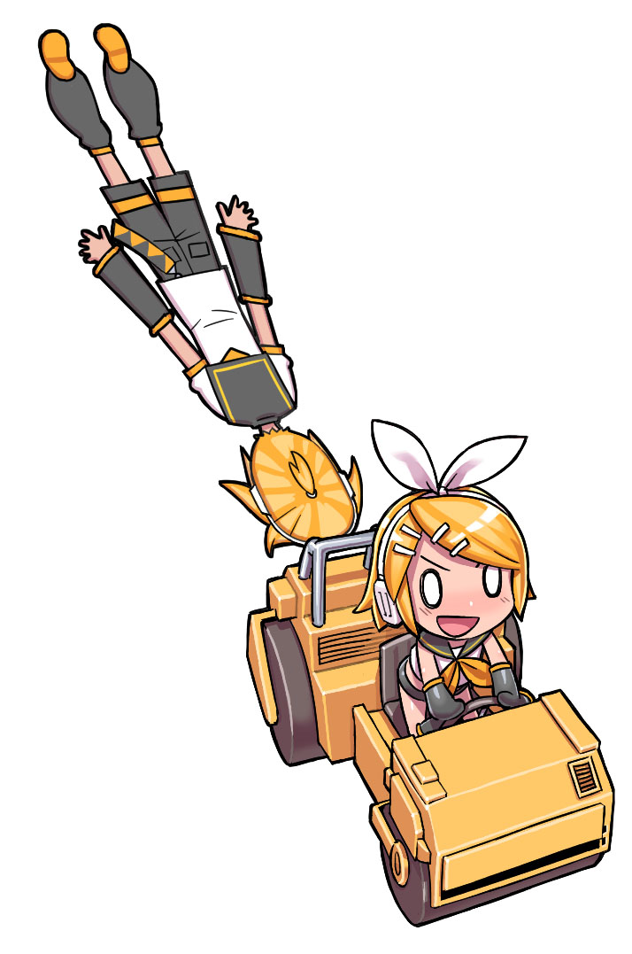 1boy 1girl black_sailor_collar black_shorts black_sleeves blonde_hair blush brother_and_sister commentary_request detached_sleeves driving flattened hair_ornament hairclip headphones kagamine_len kagamine_rin lying neckerchief on_stomach open_mouth sailor_collar shorts siblings simple_background steamroller vocaloid white_background x6suke