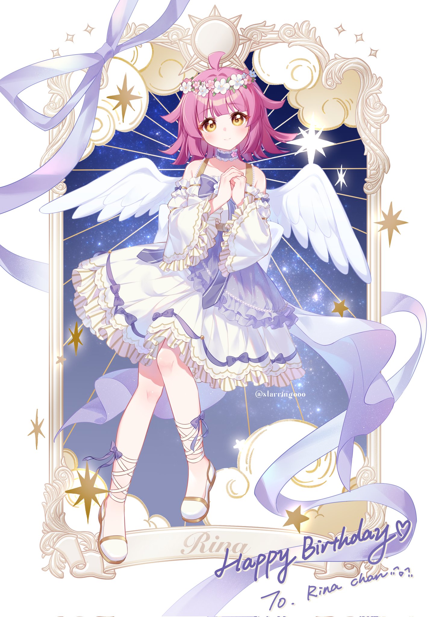 1girl ahoge angel_wings blunt_bangs blunt_ends blush bow character_name choker commentary dress eyelashes frilled_dress frilled_sleeves frills happy_birthday head_wreath highres light_smile long_sleeves looking_at_viewer love_live! love_live!_nijigasaki_high_school_idol_club medium_hair own_hands_together pink_hair purple_bow purple_choker purple_ribbon ribbon solo sparkle star_(symbol) starringooo tennoji_rina twitter_username white_dress white_footwear wings yellow_eyes