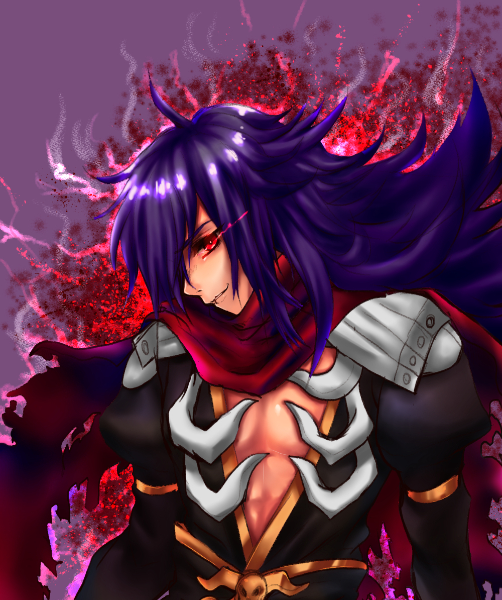 1boy armor assassin_cross_(ragnarok_online) bio_lab black_shirt commentary_request eremes_guile eye_trail light_trail long_hair looking_at_viewer looking_to_the_side male_focus pauldrons purple_background purple_hair ragnarok_online red_eyes red_scarf scarf shirokuro_(erisnoa) shirt shoulder_armor smile solo torn_clothes torn_scarf upper_body