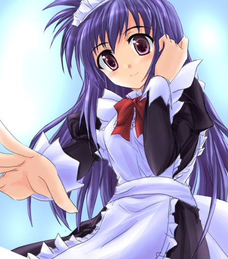 00s 1girl apron blush brown_eyes farin_k._ehrlichkeit female_focus frills hand_in_own_hair kusakami_akira long_sleeves looking_at_viewer lyrical_nanoha mahou_shoujo_lyrical_nanoha maid maid_apron maid_headdress outstretched_arm purple_hair smile solo