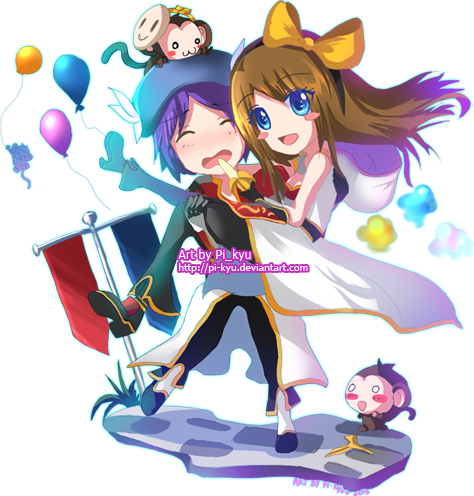 1boy 1girl balloon banana banana_peel banner black_gloves black_hairband black_pants black_shoes blue_eyes blush blush_stickers bow brown_hair carrying champion_(ragnarok_online) chibi chibi_only closed_eyes coat commentary english_commentary food fruit full_body gloves grass hair_bow hairband long_hair lowres mask mask_on_head monkey open_mouth pants pkyu princess_carry purple_hair ragnarok_online shoes short_hair sleeveless sleeveless_coat smile yellow_bow yoyo_(ragnarok_online)