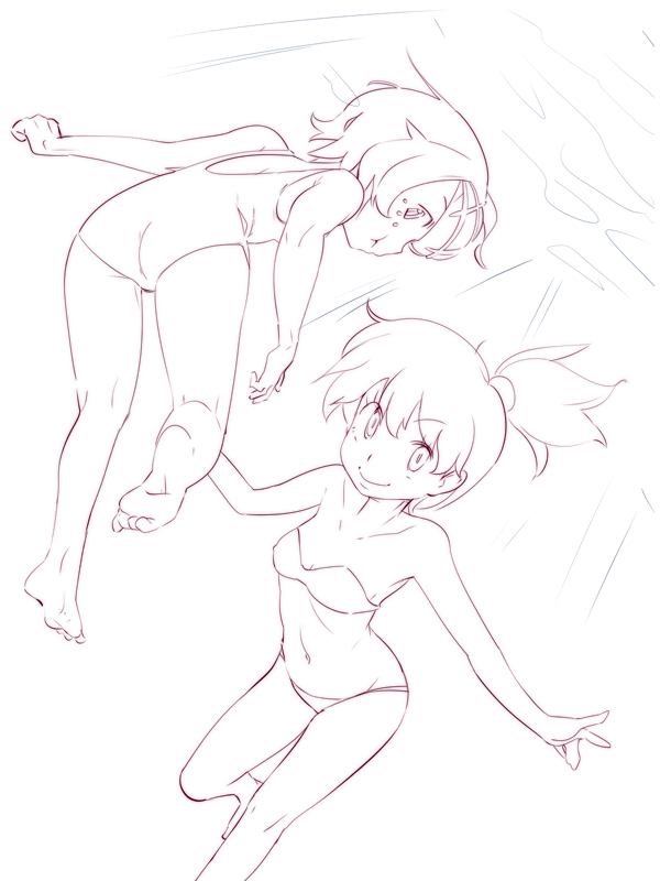 2girls :t ass bad_id bad_pixiv_id barefoot bikini breasts closed_mouth collarbone covered_erect_nipples dutch_angle feet female_focus freckles hair_tie hairband hand_up happy lana_(pokemon) light_rays looking_at_viewer looking_back misty_(pokemon) monochrome multiple_girls navel nintendo one-piece_swimsuit pokemon pokemon_(anime) pokemon_sm042 pokemon_sm_(anime) puffy_cheeks short_hair side_ponytail sidelocks sketch small_breasts smile stomach strapless strapless_bikini swimming swimsuit trial_captain underwater zaitsu