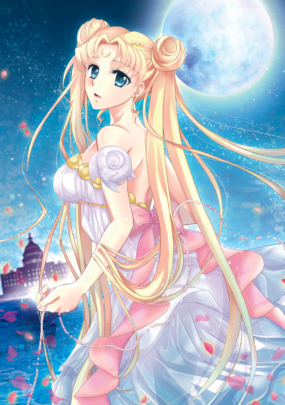 1girl bare_shoulders bishoujo_senshi_sailor_moon blonde_hair blue_eyes bow castle crescent crescent_facial_mark double_bun dress facial_mark female_focus forehead_mark full_moon hair_bun long_hair looking_back md5_mismatch moon partially_submerged petals princess_serenity resolution_mismatch satou_(satottoro) smile solo source_smaller strapless strapless_dress tsukino_usagi twintails very_long_hair wading water white_dress