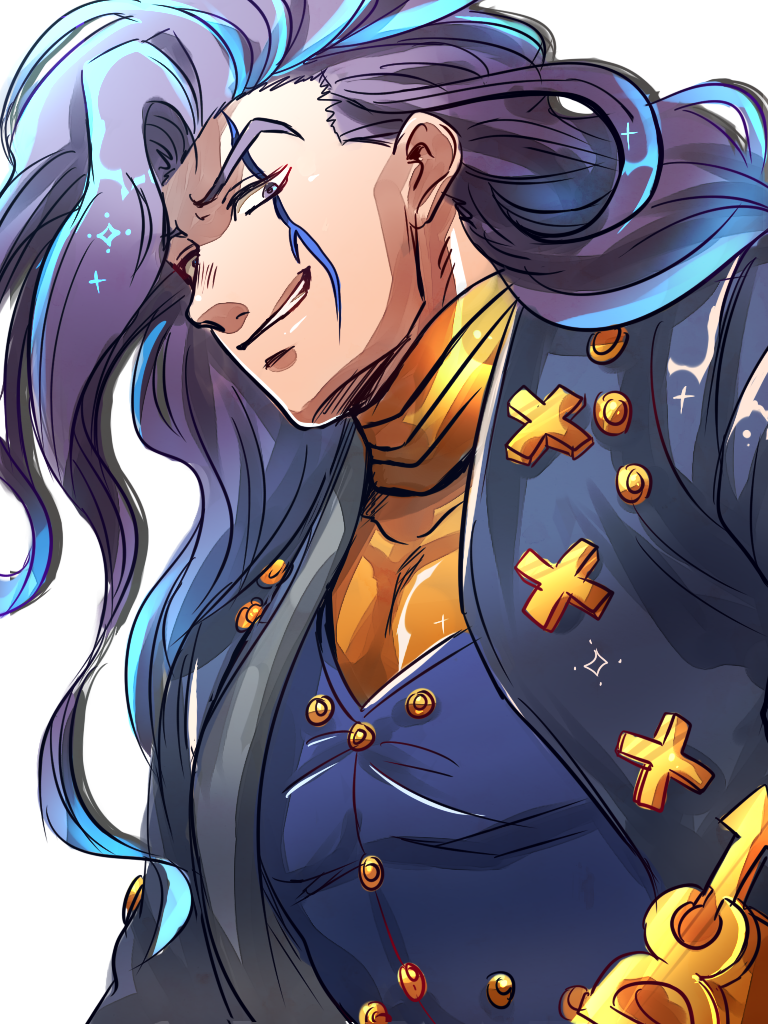 1boy facial_mark from_below grin io_(ike_ike) jacket jojo_no_kimyou_na_bouken long_hair male_focus otoishi_akira purple_eyes purple_hair smile solo sparkle turtleneck upper_body