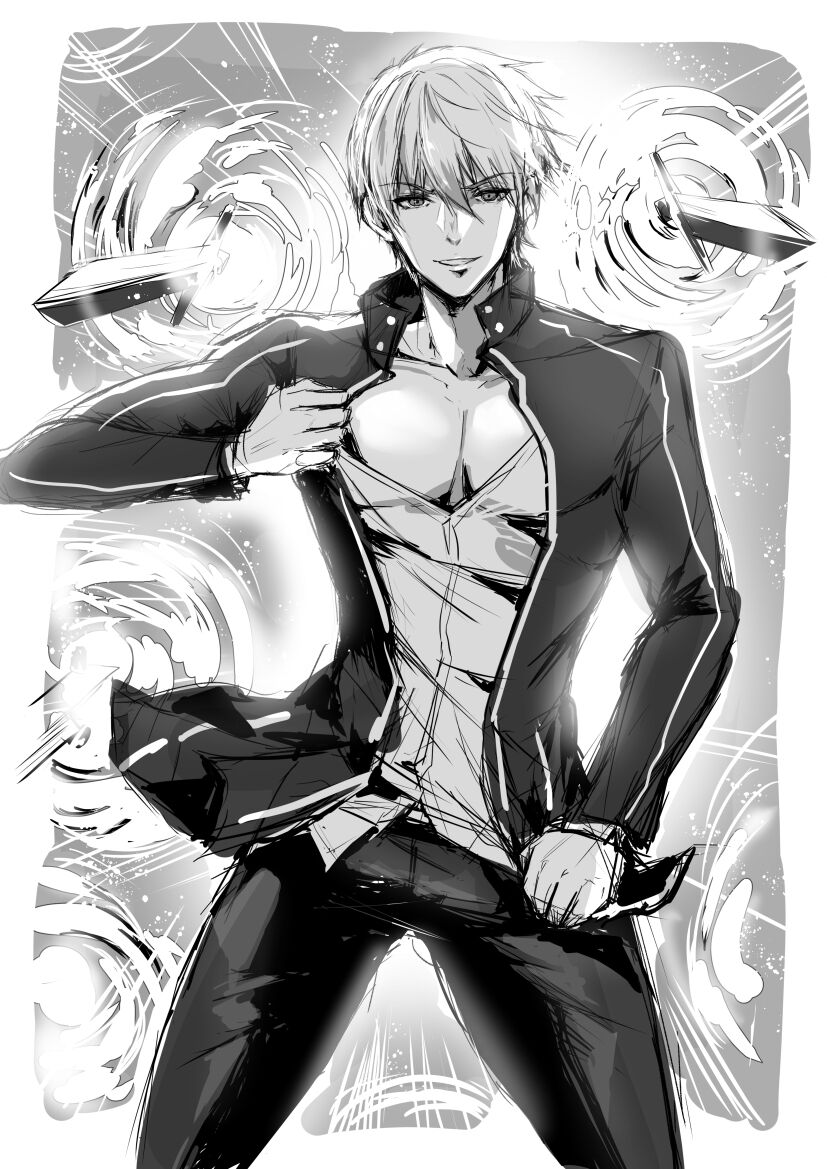 1boy fate/stay_night fate_(series) gate_of_babylon_(fate) gilgamesh_(fate) gilgamesh_(immoral_biker_jacket)_(fate) giorno_giovanna&#039;s_pose_(jojo) greyscale grin jacket jojo_no_kimyou_na_bouken jojo_pose looking_at_viewer mafuyu_(kanden_shoujyo) male_focus monochrome open_clothes open_jacket open_shirt opened_by_self pants parted_lips sketch smile sword vento_aureo weapon