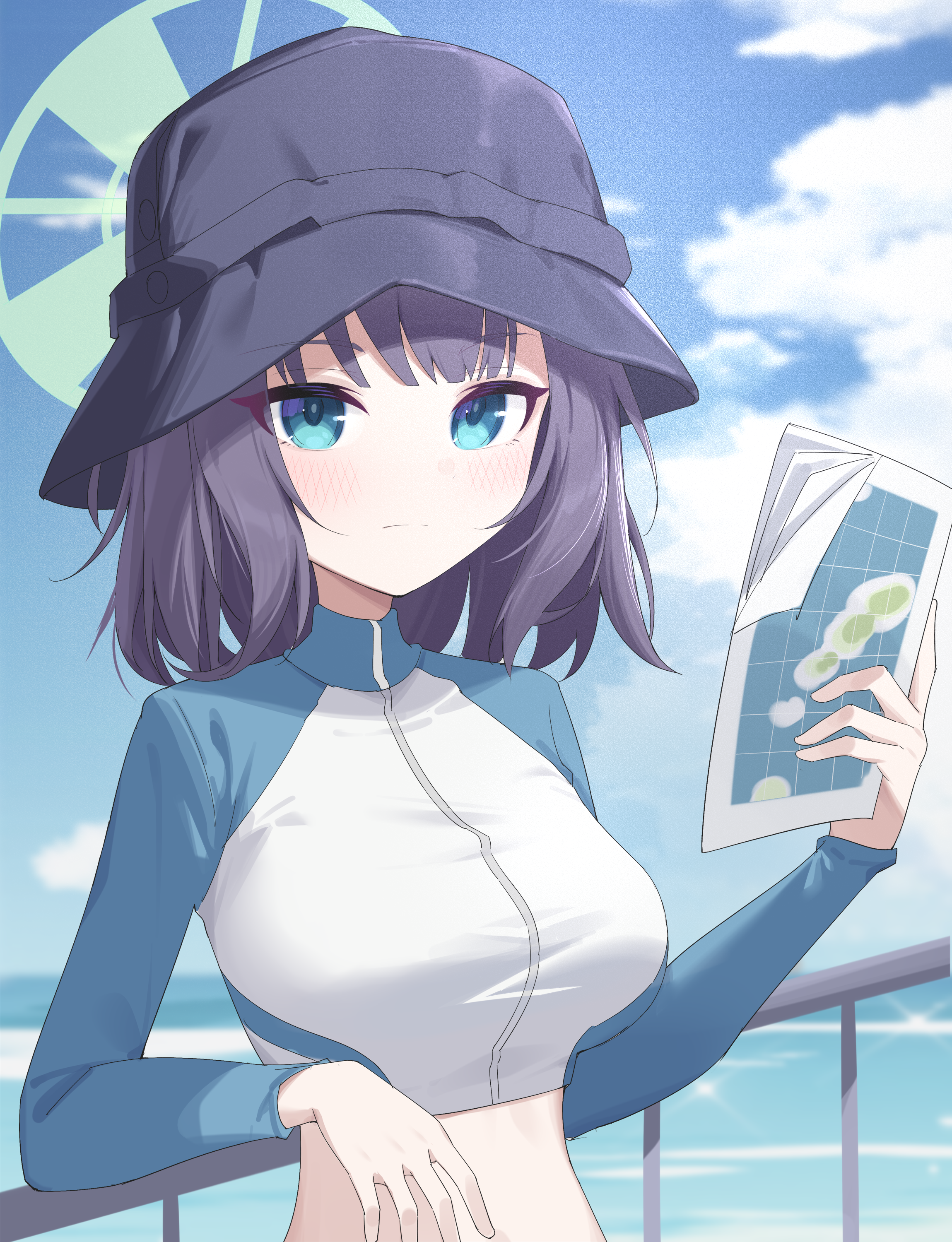 1girl absurdres black_hair black_hat blue_archive blue_jacket blue_sky breasts bucket_hat closed_mouth cloud cloudy_sky commentary cropped_jacket green_eyes green_halo halo hat highres jacket jei_(user_tckk7448) large_breasts long_sleeves looking_at_viewer medium_hair multicolored_jacket official_alternate_costume saki_(blue_archive) saki_(swimsuit)_(blue_archive) sky solo white_jacket