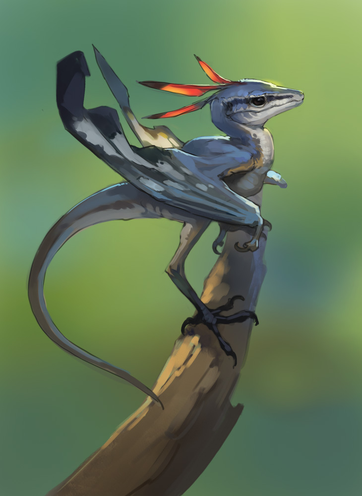 animal_focus black_eyes blurry blurry_background claws dinosaur full_body nablange no_humans on_branch original outdoors raptor scales solo tail wings