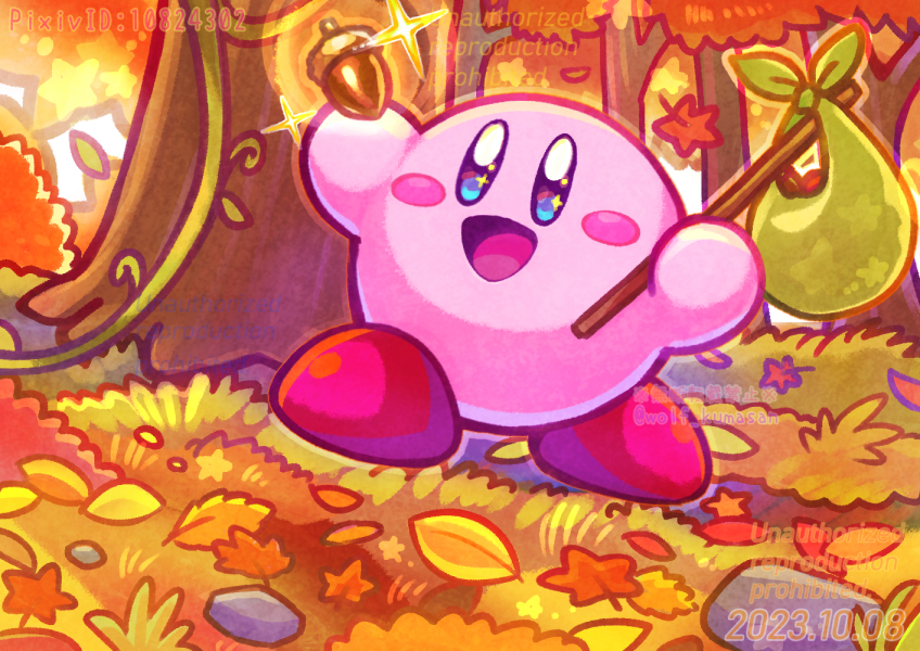 :d acorn arms_up artist_name autumn autumn_leaves bindle blue_eyes blush blush_stickers commentary_request dated day forest grass holding holding_acorn kirby kirby_(series) kumaoka_pon leaf maple_leaf nature nintendo no_humans open_mouth outdoors pixiv_id plant rock smile solo sparkling_eyes tree twitter_username vines watermark