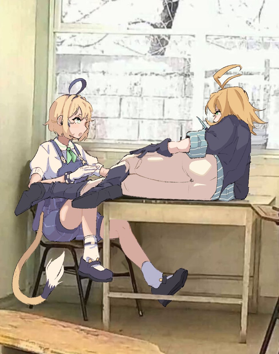 2girls :o addendium ahoge black_footwear black_gloves black_jacket blonde_hair blue_footwear blue_overalls blue_shirt boots collared_shirt commentary dokibird_(vtuber) dokibird_(vtuber)_(bounty_hunter) dooby_(vtuber) english_commentary gloves green_eyes highres indie_virtual_youtuber jacket multiple_girls on_table overalls pants photo_background shirt shoes short_hair sitting socks spiked_hair table tail virtual_youtuber white_gloves white_pants white_shirt white_socks