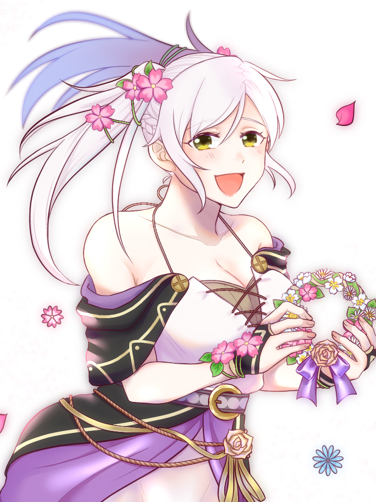 1girl armpit_crease artist_request bare_arms bare_shoulders bracelet breasts brown_eyes capelet cleavage collarbone dress eyelashes falling_petals female_focus female_robin_(fire_emblem) female_robin_(valentine)_(fire_emblem) fingerless_gloves fire_emblem fire_emblem_awakening fire_emblem_heroes floating_hair flower flower_bracelet flower_knot gloves hair_between_eyes hair_flower hair_ornament halterneck hands_up happy holding holding_flower jewelry leaning_forward long_dress long_hair looking_at_viewer medium_breasts neck nintendo off_shoulder official_alternate_costume open_mouth petals rope_belt sidelocks simple_background sleeveless sleeveless_dress smile spaghetti_strap standing swept_bangs twintails upper_body white_background white_hair