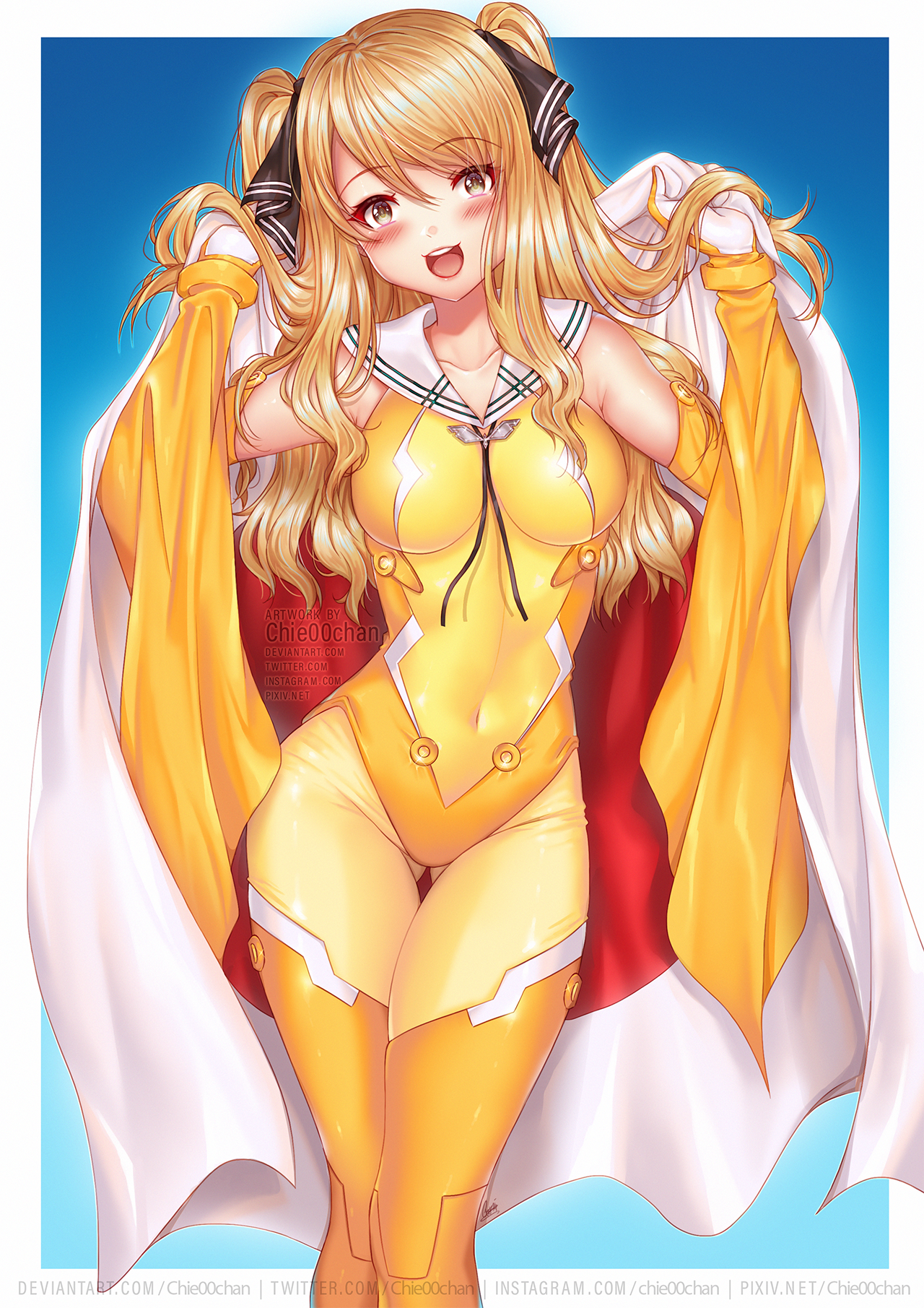 1girl ao_no_kanata_no_four_rhythm artist_name black_ribbon blonde_hair blue_background blush bodysuit border breasts brown_eyes chie00chan commission covered_navel cowboy_shot flag gloves gluteal_fold hair_ribbon highres holding holding_flag japanese_flag large_breasts long_hair looking_at_viewer open_mouth ribbon satouin_reiko simple_background solo standing two-tone_background two_side_up white_border yellow_bodysuit