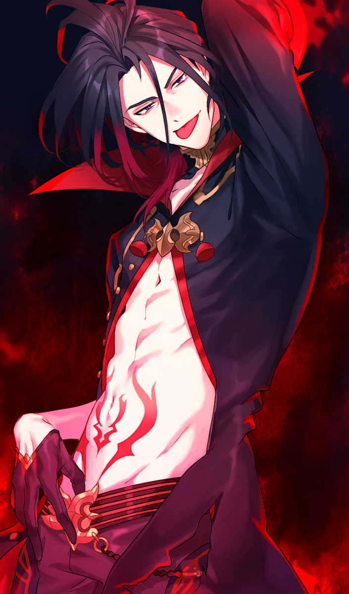 1boy 5_(femfamme) arm_up belt black_background black_gloves black_hair black_jacket commentary_request gloves gradient_background half_gloves high_collar highres jacket looking_at_viewer male_focus red_background red_eyes solo stomach_tattoo tales_of_(series) tales_of_crestoria tattoo tongue tongue_out vicious_(tales)