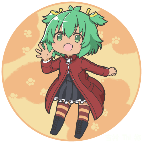 1girl :d adapted_costume ando_tazusa_(cosplay) ando_tazusa antenna_hair assault_lily black_bow black_skirt boots bow chibi coat commentary cosplay dark-skinned_female dark_skin fang frilled_skirt frills full_body green_eyes green_hair hair_between_eyes hair_ribbon hands_up high-waist_skirt knee_boots long_sleeves looking_at_viewer lowres masaki_itsuki miniskirt open_hand open_mouth orange_background outstretched_arm partially_unbuttoned paw_print paw_print_background pleated_skirt red_coat red_thighhighs ribbon round_image school_uniform short_hair skin_fang skirt smile solo standing striped_clothes striped_thighhighs thighhighs transparent_background two-tone_background two-tone_thighhighs two_side_up vertical-striped_clothes vertical-striped_thighhighs yellow_background yellow_ribbon yellow_thighhighs yoshimura_thi_mai yurigaoka_girls_academy_school_uniform