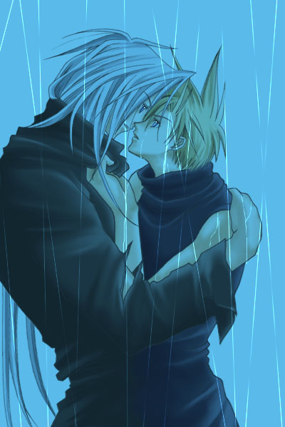 2boys alternate_costume black_coat blonde_hair blue_theme clothes_grab cloud_strife coat final_fantasy final_fantasy_vii forehead-to-forehead hand_on_another&#039;s_shoulder hands_up heads_together imminent_kiss long_hair long_sleeves male_focus multiple_boys outdoors parted_lips rain rendezvous sephiroth short_hair spiked_hair third-party_source torn_clothes upper_body yaoi