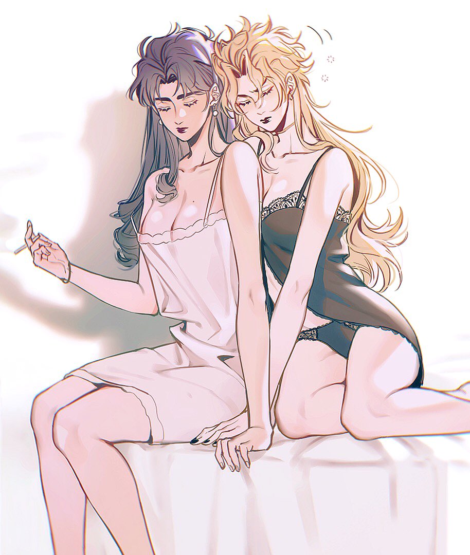 2girls babydoll bare_arms bare_legs bare_shoulders bed bedroom black_babydoll black_lips black_nails black_panties blonde_hair blue_hair breasts cigarette closed_eyes closed_mouth collarbone commentary couple dio_brando ear_birthmark earrings facing_viewer genderswap genderswap_(mtf) hako_iix07 hand_up holding holding_cigarette indoors jewelry jojo_no_kimyou_na_bouken jonathan_joestar lipstick long_hair makeup medium_breasts multiple_girls nightgown on_bed panties pearl_earrings phantom_blood shadow sitting smoke spaghetti_strap stomach strap_slip thighs underwear underwear_only very_long_hair yuri
