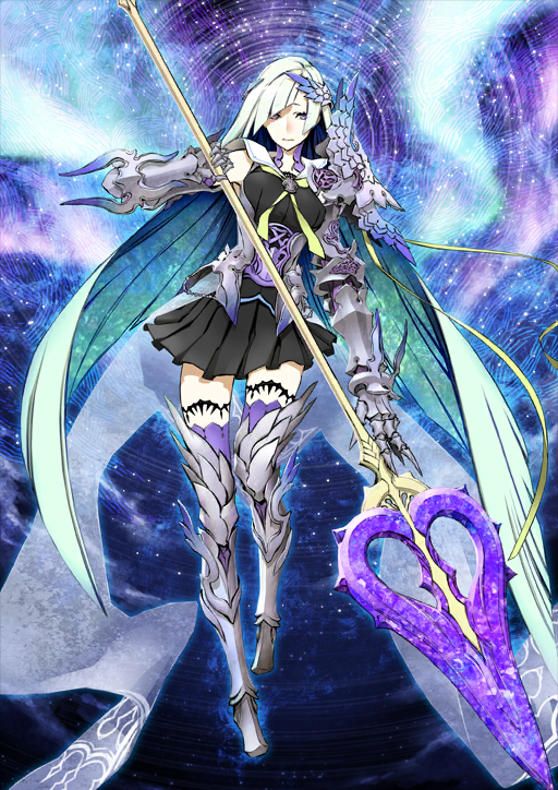 1girl armor armored_boots armored_dress armored_gloves aurora black_dress boots breasts brynhild_(fate) brynhild_romantia closed_mouth diagonal_bangs dress elbow_gloves fate/grand_order fate_(series) feather_hair_ornament feathers full_body gauntlets gloves green_hair green_neckerchief hair_ornament holding holding_weapon long_hair looking_to_the_side miwa_shirow neckerchief official_art overskirt parted_bangs pleated_dress polearm purple_boots purple_eyes sailor_collar short_dress silver_armor sleeveless sleeveless_dress solo spear star_(sky) star_trail starry_sky_background thigh_boots third-party_source variant_set very_long_hair weapon white_sailor_collar