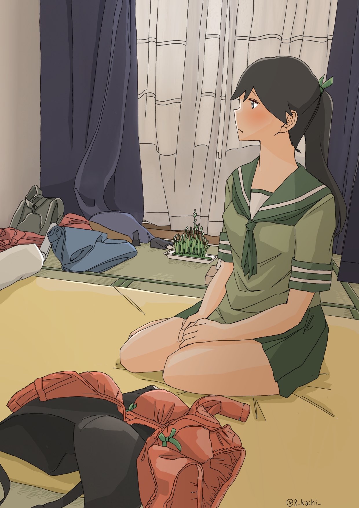 1girl black_hair cosplay highres houshou_(kancolle) kachi_(kachi5100) kantai_collection kitakami_(kancolle) kitakami_(kancolle)_(cosplay) kneeling ponytail sailor_collar school_uniform serafuku skirt solo