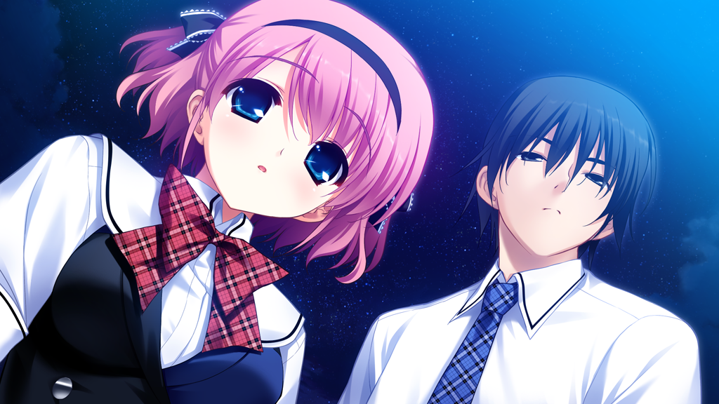 1boy 1girl black_bow black_dress black_hair black_hairband blue_dress blue_eyes blue_necktie bow bowtie breasts closed_mouth cloud collared_shirt dress frilled_bow frills frown fumio_(ura_fmo) game_cg grey_eyes grisaia_(series) grisaia_no_kajitsu hair_between_eyes hair_bow hairband kazami_yuuji komine_sachi medium_breasts necktie night night_sky non-web_source open_mouth outdoors pink_hair plaid_bow plaid_bowtie plaid_clothes plaid_necktie red_bow red_bowtie sailor_collar shirt short_hair sky star_(sky) swept_bangs two-tone_dress two_side_up variant_set white_sailor_collar white_shirt
