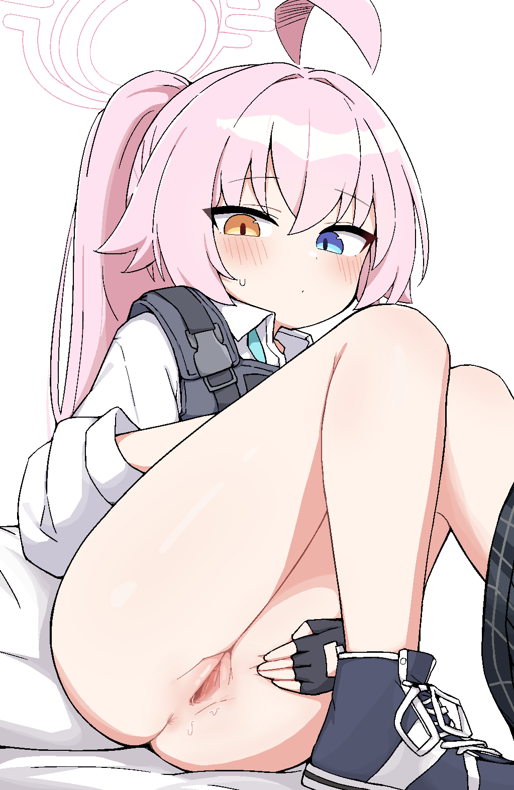 1girl ahoge anus ass bare_legs black_gloves black_shoes black_skirt blue_archive blue_eyes blue_necktie blush bottomless bulletproof_vest closed_mouth clothes_pull collared_shirt detached_ahoge dot_mouth dot_nose fingerless_gloves gloves hair_between_eyes hair_intakes halo heterochromia highres hoshino_(armed)_(blue_archive) hoshino_(blue_archive) huge_ahoge knees_up loli long_hair long_sleeves looking_at_viewer necktie official_alternate_costume official_alternate_hairstyle pillow pink_hair pink_halo plaid_clothes plaid_skirt ponytail pussy pussy_juice school_uniform shirt shoes simple_background sitting skirt skirt_around_one_leg skirt_pull solo spread_pussy spreading_own_pussy sweatdrop tactical_clothes tactical_school_uniform tagyeokgam thighs uncensored white_background white_shirt yellow_eyes